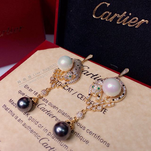 Cartier首飾 卡地亞豹子珍珠鑲鑽耳環 Cartier圓形耳釘  zgk1453